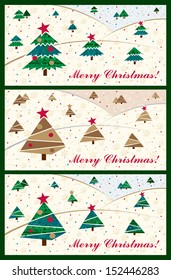 Set of 3 Christmas card with Christmas trees. Vector illustration in handmade style