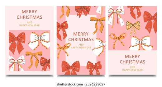 Set of 3 Christmas cards. Poster, banner with hand drawn cute bows