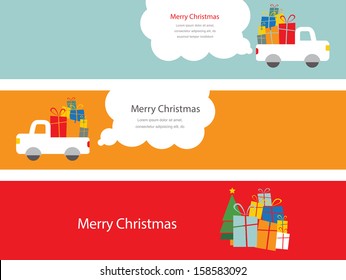 set of 3 christmas cards with santa driving a trank with presents