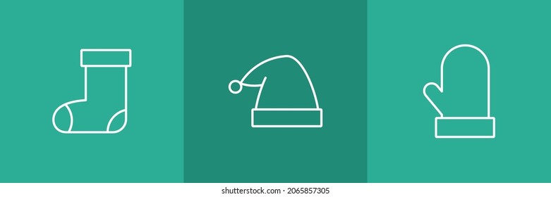Set of 3 Christmas clothes icon on green background.