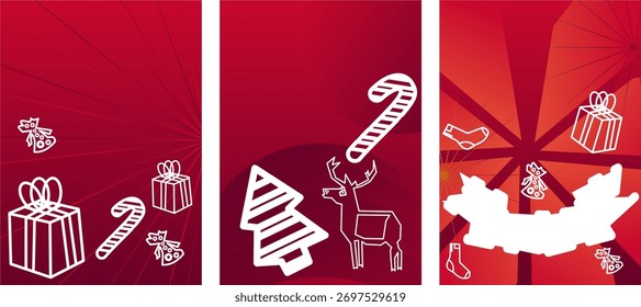 Set of 3 Christmas holiday vector cards with gift boxes, candy canes, reindeer, trees, and festive icons. Perfect for seasonal designs, cards, and prints.  