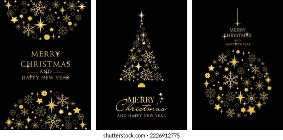 Set of 3 Christmas and New Year greeting cards in black, gold pattern.
