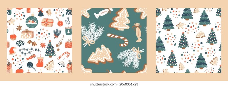 Set of 3 Christmas patterns. Vector backgrounds with spruce, gift boxes and dots. Ideal for design of fabric, cards, wrapping paper for Happy New year
