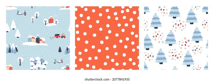 Set of 3 Christmas patterns. Vector backgrounds with spruce, confetti, winter landscape  and dots. Ideal for design of fabric, cards, wrapping paper for Happy New year