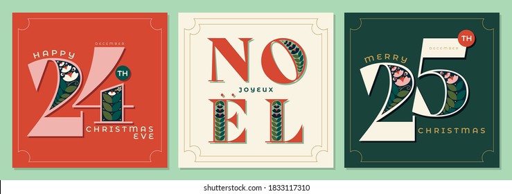 Set of 3 Christmas Postcards with Floral Retro Lettering, green, red and cream backgrounds and gold borders - Holiday Greeting Card Concept