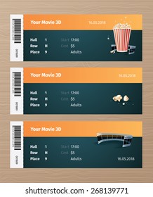 Set of 3 cinema tickets. Ticket mockup.