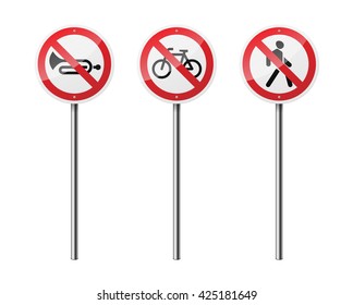Set of 3 circular prohibitory road signs, isolated on white background. EPS10 vector illustration.