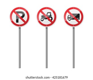 Set of 3 circular prohibitory road signs, isolated on white background. EPS10 vector illustration.