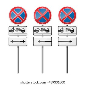 Set of 3 circular prohibitory road signs with a pointer, isolated on white background. No parking. The evacuation of the car. EPS10 vector illustration.