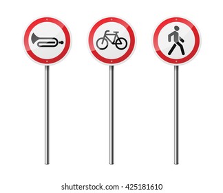 Set of 3 circular road signs, isolated on white background. EPS10 vector illustration.