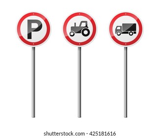 Set of 3 circular road signs, isolated on white background. EPS10 vector illustration.