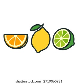 Set of 3 citrus fruit vector icons: orange slice, whole lemon, and lime half, flat color, side view, for food theme.
