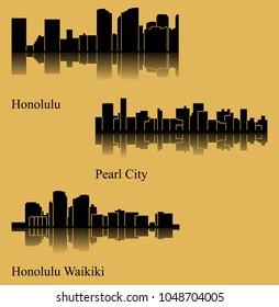 Set of 3 City Silhouette in Hawaii ( Honolulu, Waikiki, Pearl City ) 