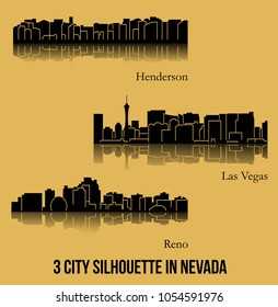 Set of 3 city silhouette in Nevada ( Las Vegas, Reno, Henderson )