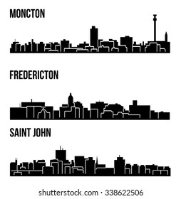 Set of 3 City silhouette in New Brunswick, Canada ( Fredericton, Saint John, Moncton )