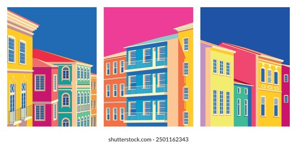 Conjunto de 3 paisajes urbanos con vistas a los edificios tradicionales de color barroco clásico en el centro. Ilustración vectorial de dibujo hecho a mano. 1970s pop art estilo ácido brillante.