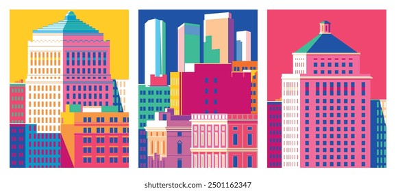 Set of 3 cityscape overlooking famous  high-rise corporate buildings in the downtown. Handmade drawing vector illustration. 1970s pop art bright acid style.