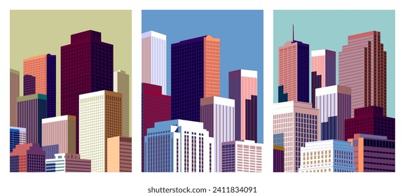 Set of 3 cityscape overlooking high-rise corporate buildings in the commercial and financial center and luxury condominiums in the city center. Handmade drawing vector illustration. Pop art style.