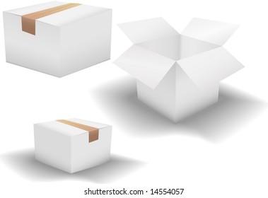 A set of 3 clean white shipping cartons on white: box taped shut; box taped on a shadow; and box with open flaps.