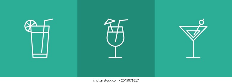 Set of 3 cocktail glasses icon on green background 