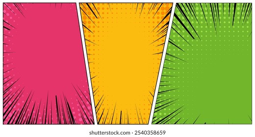 Set of 3 color manga comic motion line effect backgrounds. Vector graphics
