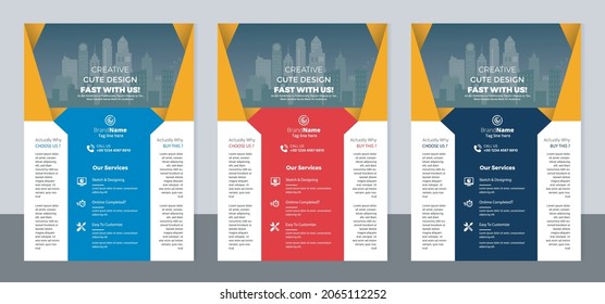 Set of 3 color variation flyer, brochure cover modern layout, annual report, poster, pamphlet template design, letter and a4 size.