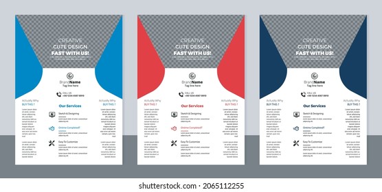 Set of 3 color variation flyer, brochure cover modern layout, annual report, poster, pamphlet template design, letter and a4 size.