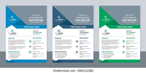 Set of 3 color variation flyer, brochure cover modern layout, annual report, poster, pamphlet template design, letter and a4 size.