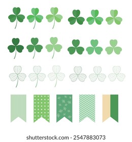 Set of 3 colored clover icons and 5 different flag icons.