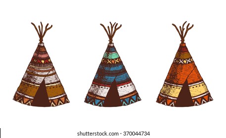 Set of 3 colored wigwams. Isolated. The concept for the design. Vector illustration. Front view. Authentic house American Indians.
