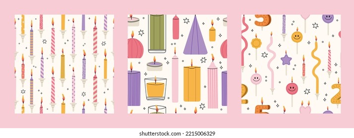 Set of 3 colorful birthday candles seamless patterns. Hand drawn Infant age candles. Baby shower gifts decoration vector. Design for print, textile, greeting card or wrapping paper.