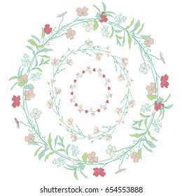 Set of 3 Colorful Doodle Hand Drawn Decorative Wreaths with Branches, Herbs, Plants, Leaves and Flowers, Florals. Vector Illustration. Frames, Circles