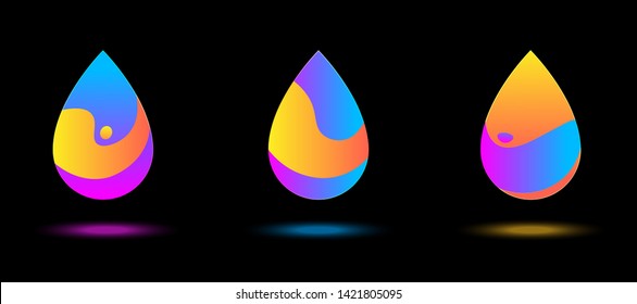 Set of 3 colorful drop vector icons. 3d logo design. Drop sign.