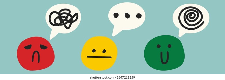 Set of 3 colorful emotion faces with speech bubbles: sadness, neutral pause, and happiness. Includes anxiety doodles and ellipsis. Ideal for therapy, education, and mental health visuals.