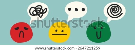 Set of 3 colorful emotion faces with speech bubbles: sadness, neutral pause, and happiness. Includes anxiety doodles and ellipsis. Ideal for therapy, education, and mental health visuals.