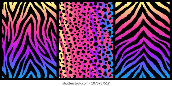 Set of 3 colorful exotic animal skin texture designs. Animalistic print backgrounds. Bright detailed fur posters.