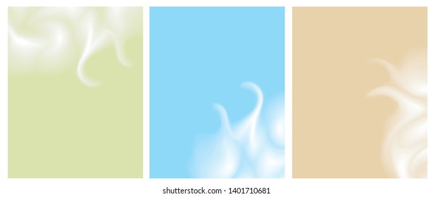 Set of 3 Colorful Geometric Vector Backgrounds. Pastel Color Abstract Liquid Layouts for Card, Cover, Printing. White Irregular Swirls. Light Yellow, Blue and Green Background.