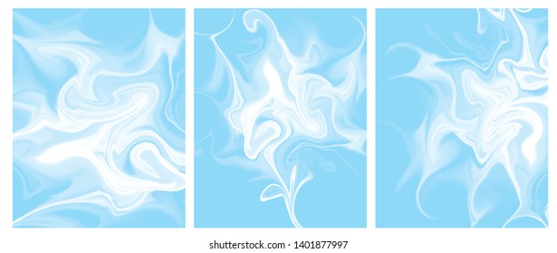Set of 3 Colorful Geometric Vector Backgrounds. Pastel Color Abstract Liquid Layouts for Card, Cover, Wrapping Paper, Printing. White Irregular Swirls on a Light Blue Background.