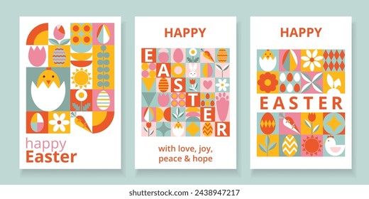 Set 3 colorful greeting posters for Happy Easter. Trendy design with geometric shapes. Stylized eggs, bunny, flowers, nestling. Bauhaus style. Creative concept for banner, invitation, branding, cover.