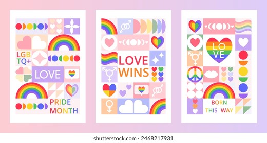 Set 3 colorful greeting posters for Pride Month. Trendy design with geometric shapes. Stylized LGBT symbols. Bauhaus style. Creative concept for banner, invitation, branding, cover.