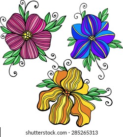 Set of 3 colorful hand drawn and traced vector flower illustrations