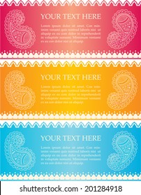 Set of 3 colorful Indian traditional paisley henna design banners with space for text