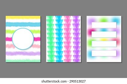 Set of 3 colorful  journaling or invitation cards. Space for your text. Vector illustration. Bright acid pink, blue, green, yellow and purple colors. Blurred texture.