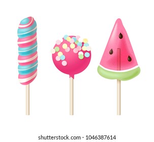 Set of 3 colorful lollipops isolated on white background. Vector illustration