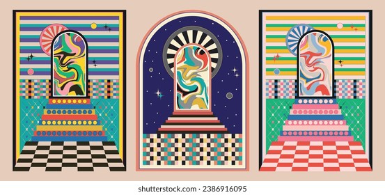 Set of 3 Colorful Psychedelic Poster from the 1960s, 1970s Groovy Illusion banners,  Psychedelic Door Stairs Chessboards Swirl Background 