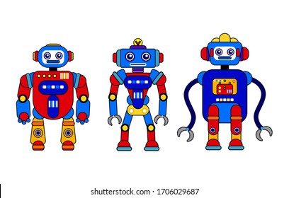 Set of 3 colorful robots on a white background. Cartoon style. Vector illustration. Robot toys