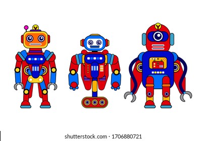Set of 3 colorful robots on awhite background. Cartoon style. Vector illustration. Robot toys