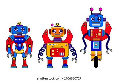 Set of 3 colorful robots on awhite background. Cartoon style. Vector illustration. Robot toys