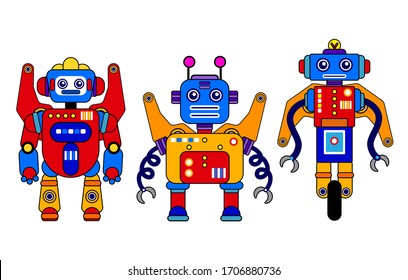 Set von 3 bunten Robotern auf weißem Hintergrund. Cartoon-Stil. Vektorillustration. Roboterspielzeug