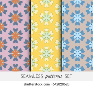 Set of 3 colorful seamless geometric floral patterns for fabric textile paper print. Hexagonal repeating geometrical texture for wallpapers, banners, invitation cards. Seamless backgrounds collection